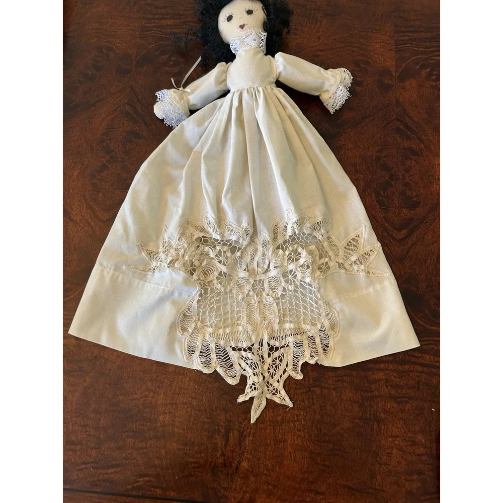 VTG Kmart Cloth Rag Doll wearing Intricate Lace Dress Curly Black Hair